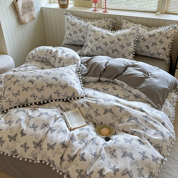 91家纺网 家纺一手货源 找家纺 缘生活 2025新款皱皱纱毛球球流苏四件套 皱皱纱球球流苏-蝴蝶-蓝