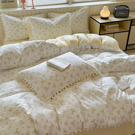 缘生活 2025新款皱皱纱毛球球流苏四件套 皱皱纱球球流苏-梨花黄