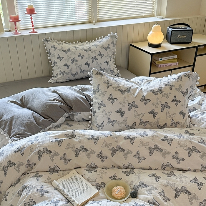 91家纺网 家纺一手货源 找家纺 缘生活 2025新款皱皱纱毛球球流苏四件套 皱皱纱球球流苏-蝴蝶-蓝