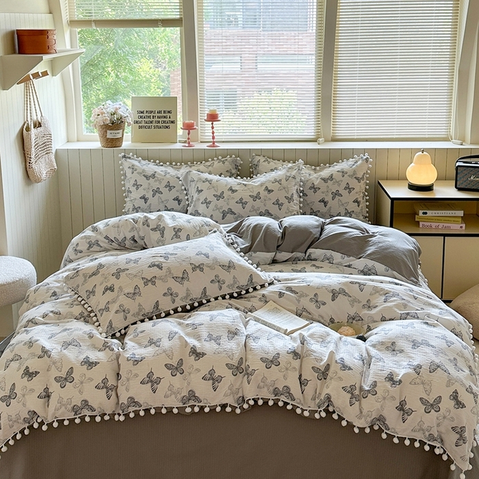 91家纺网 家纺一手货源 找家纺 缘生活 2025新款皱皱纱毛球球流苏四件套 皱皱纱球球流苏-蝴蝶-蓝