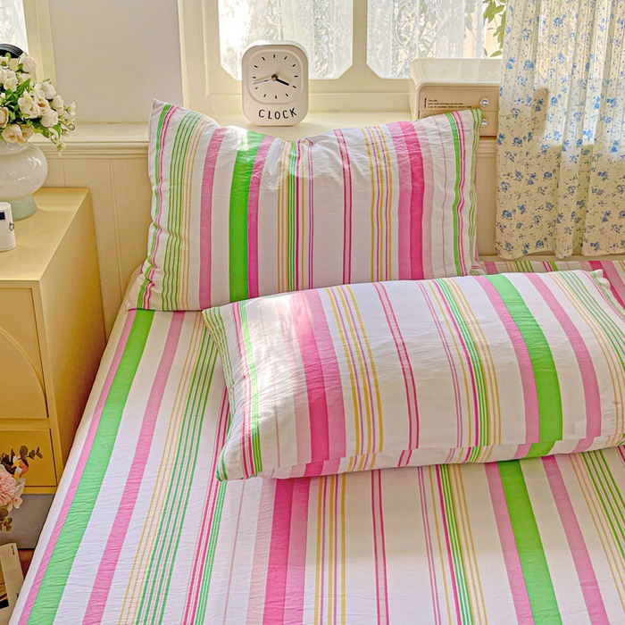 91家纺网 家纺一手货源 找家纺 繁花家居 2025软爆高克重水洗棉床单床笠单件 学生季跑量款 彩虹条