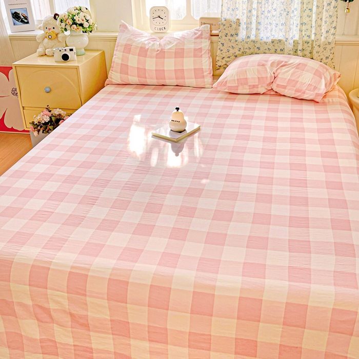 91家纺网 家纺一手货源 找家纺 繁花家居 2025软爆高克重水洗棉床单床笠单件 学生季跑量款 粉方格