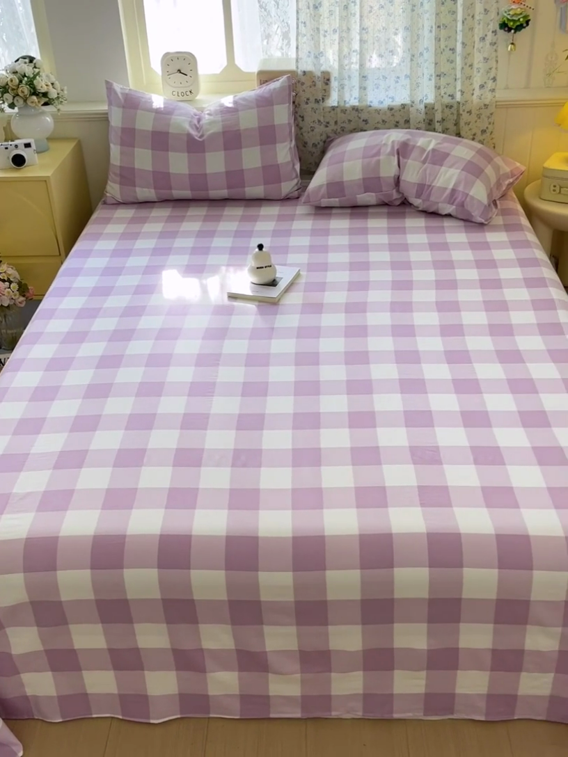 91家纺网 家纺一手货源 找家纺 繁花家居 2025软爆高克重水洗棉床单床笠单件 学生季跑量款 紫方格