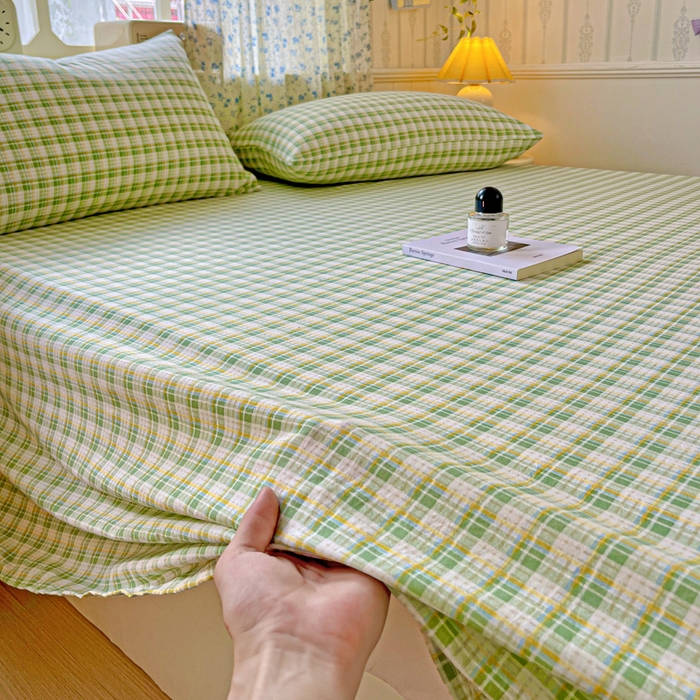 91家纺网 家纺一手货源 找家纺 繁花家居 2025软爆高克重水洗棉床单床笠单件 学生季跑量款 苹果绿格