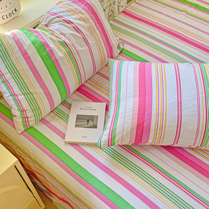 91家纺网 家纺一手货源 找家纺 繁花家居 2025软爆高克重水洗棉床单床笠单件 学生季跑量款 彩虹条