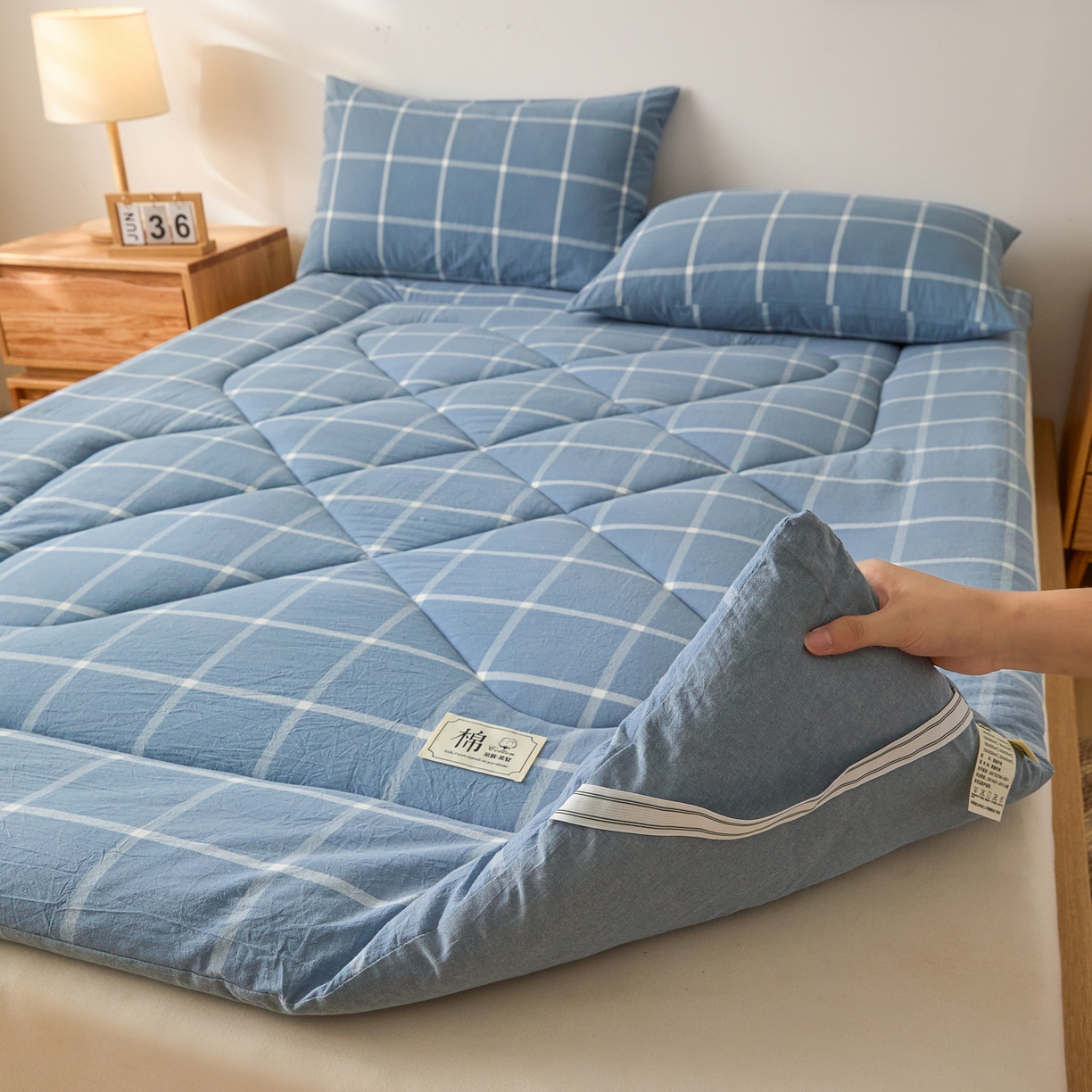 91家纺网 家纺一手货源 找家纺 爱屋及屋 2025新款无印风四季款棉花床垫 海蓝大格