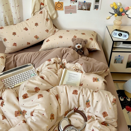 源莱 2025开学季小清新卡通时尚印花水洗双层纱四件套 萌趣小熊