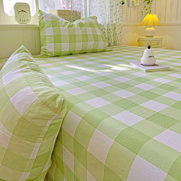 91家纺网 家纺一手货源 找家纺 繁花家居 2025软爆高克重水洗棉床单床笠单件 学生季跑量款 绿方格