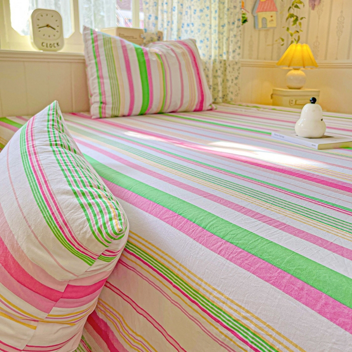 91家纺网 家纺一手货源 找家纺 繁花家居 2025软爆高克重水洗棉床单床笠单件 学生季跑量款 彩虹条