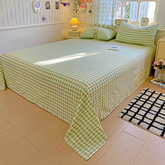 91家纺网 家纺一手货源 找家纺 繁花家居 2025软爆高克重水洗棉床单床笠单件 学生季跑量款 苹果绿格