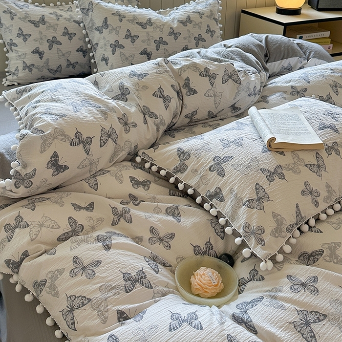 91家纺网 家纺一手货源 找家纺 缘生活 2025新款皱皱纱毛球球流苏四件套 皱皱纱球球流苏-蝴蝶-蓝