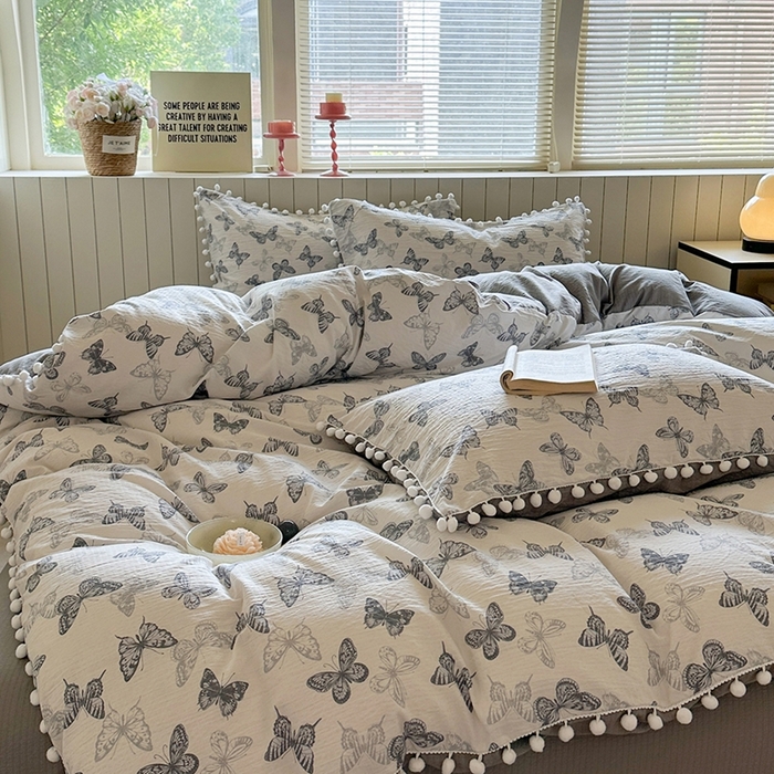 91家纺网 家纺一手货源 找家纺 缘生活 2025新款皱皱纱毛球球流苏四件套 皱皱纱球球流苏-蝴蝶-蓝