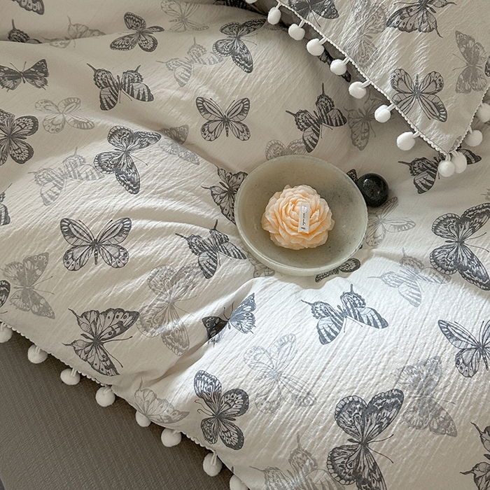 91家纺网 家纺一手货源 找家纺 缘生活 2025新款皱皱纱毛球球流苏四件套 皱皱纱球球流苏-蝴蝶-蓝