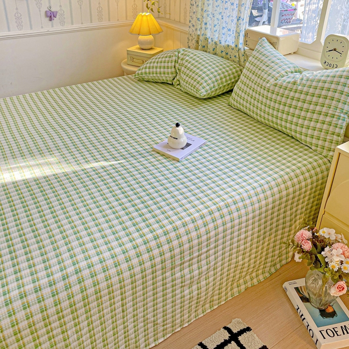 91家纺网 家纺一手货源 找家纺 繁花家居 2025软爆高克重水洗棉床单床笠单件 学生季跑量款 苹果绿格