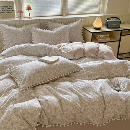 缘生活 2025新款皱皱纱毛球球流苏四件套 皱皱纱球球流苏-碎花灰棕