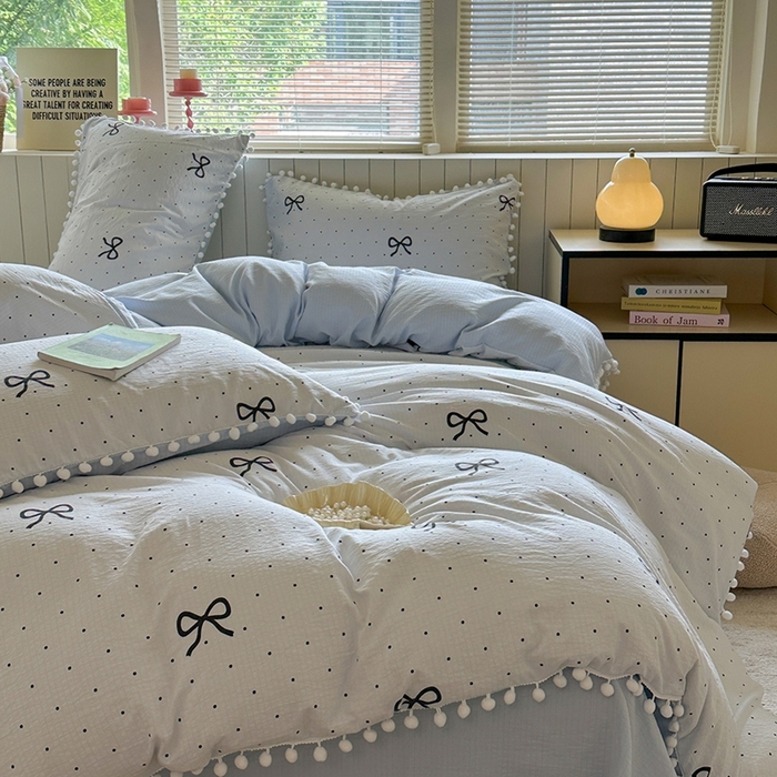 91家纺网 家纺一手货源 找家纺 缘生活 2025新款皱皱纱毛球球流苏四件套 皱皱纱球球流苏-蝴蝶结黑