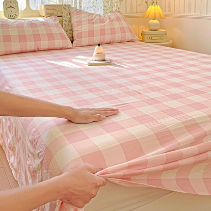繁花家居 2025软爆高克重水洗棉床单床笠单件 学生季跑量款 粉方格