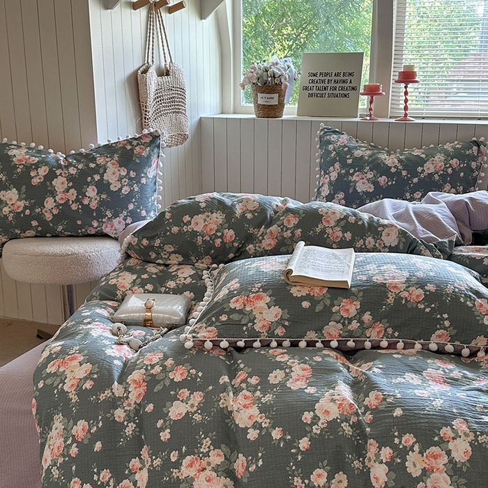 91家纺网 家纺一手货源 找家纺 缘生活 2025新款皱皱纱毛球球流苏四件套 皱皱纱球球流苏-花簇