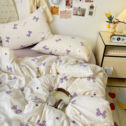 源莱 2025开学季小清新卡通时尚印花水洗双层纱四件套 蝴蝶结-浅紫