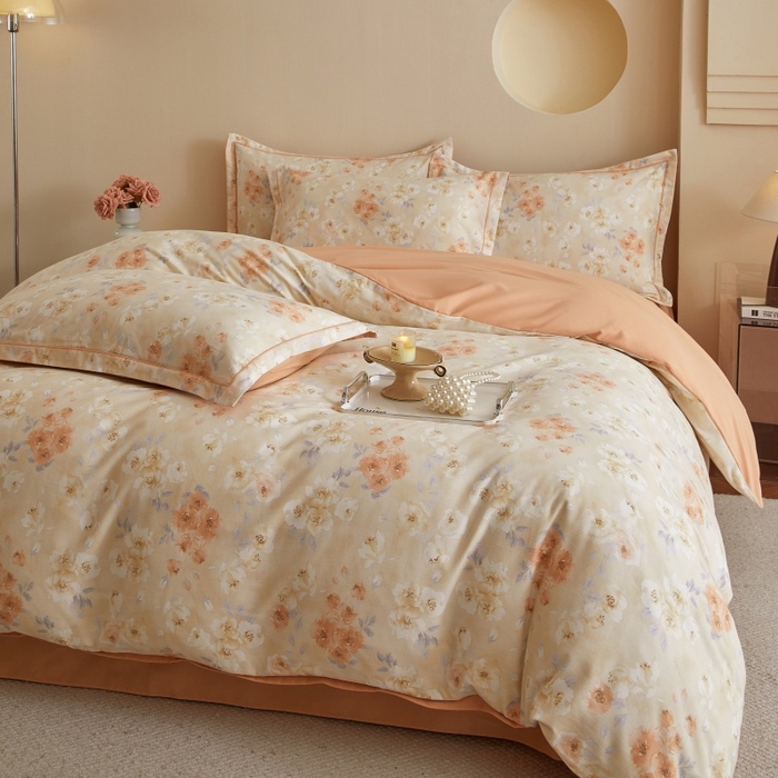 91家纺网 家纺一手货源 找家纺 沐白家居 2025新款全棉生态磨毛四件套嫣然-桔