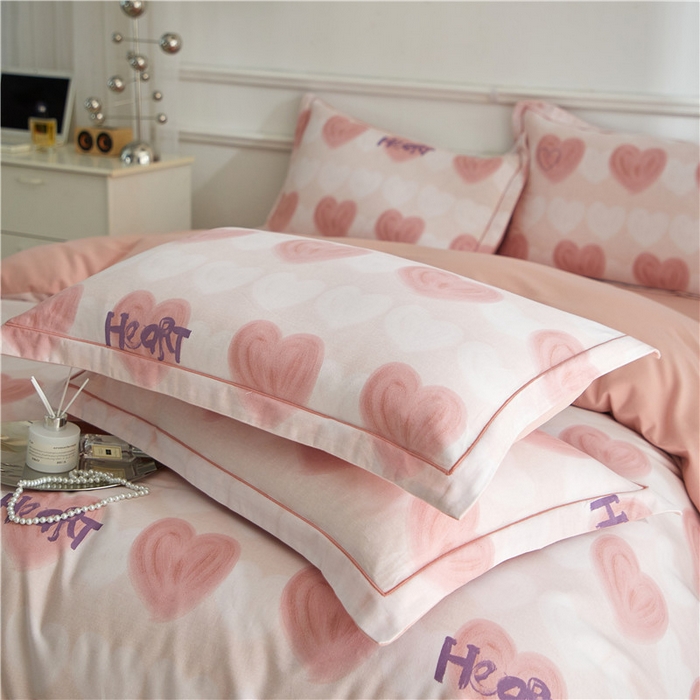 91家纺网 家纺一手货源 找家纺 沐白家居 2025新款全棉生态磨毛四件套心心相印-粉