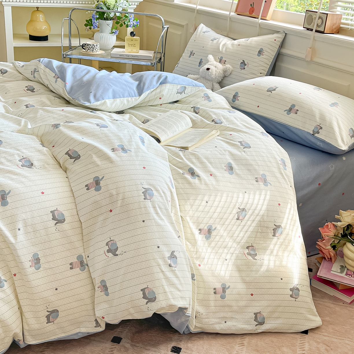 91家纺网 家纺一手货源 找家纺 麦伦家居 2025春夏新款全棉纯棉斜纹40s13372系列-小清新卡通 跳跳象