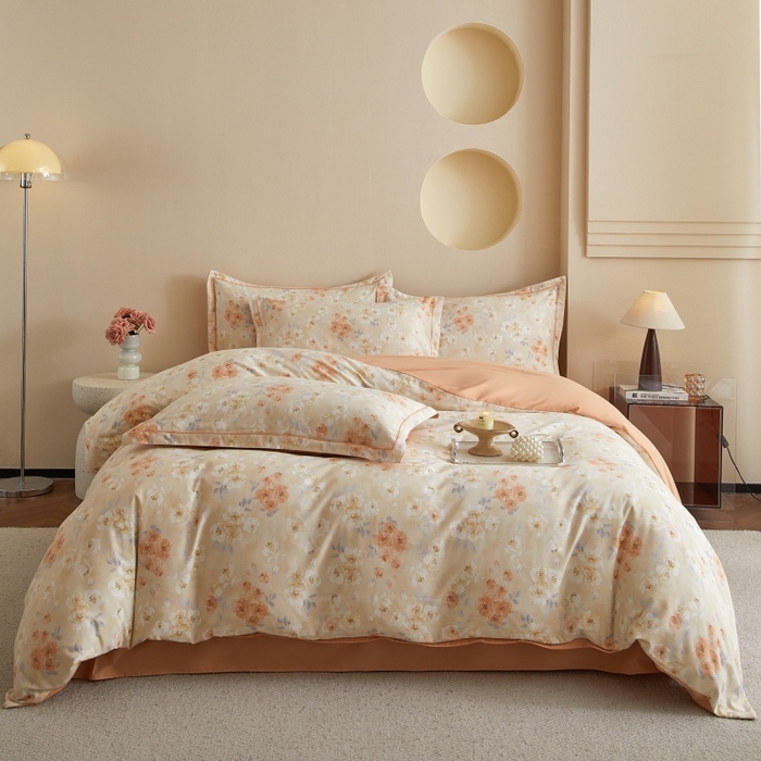 91家纺网 家纺一手货源 找家纺 沐白家居 2025新款全棉生态磨毛四件套嫣然-桔