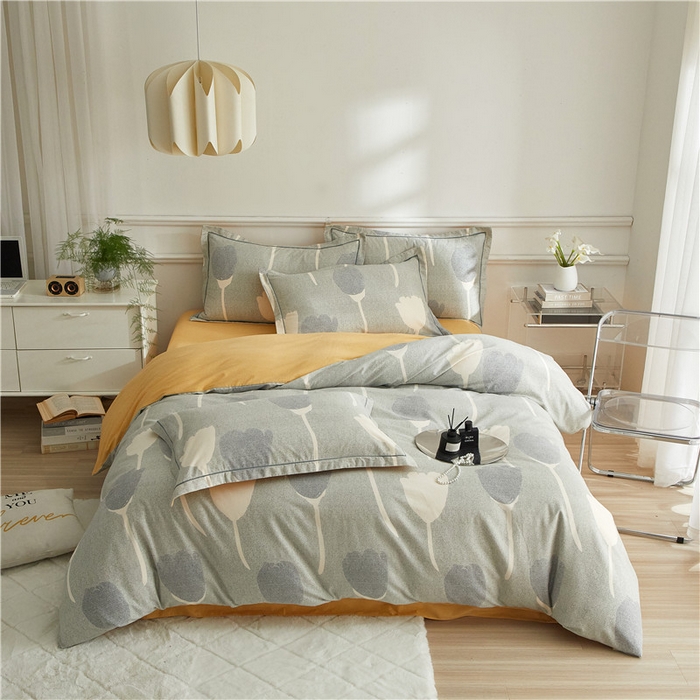 91家纺网 家纺一手货源 找家纺 沐白家居 2025新款全棉生态磨毛四件套人间茶白-灰