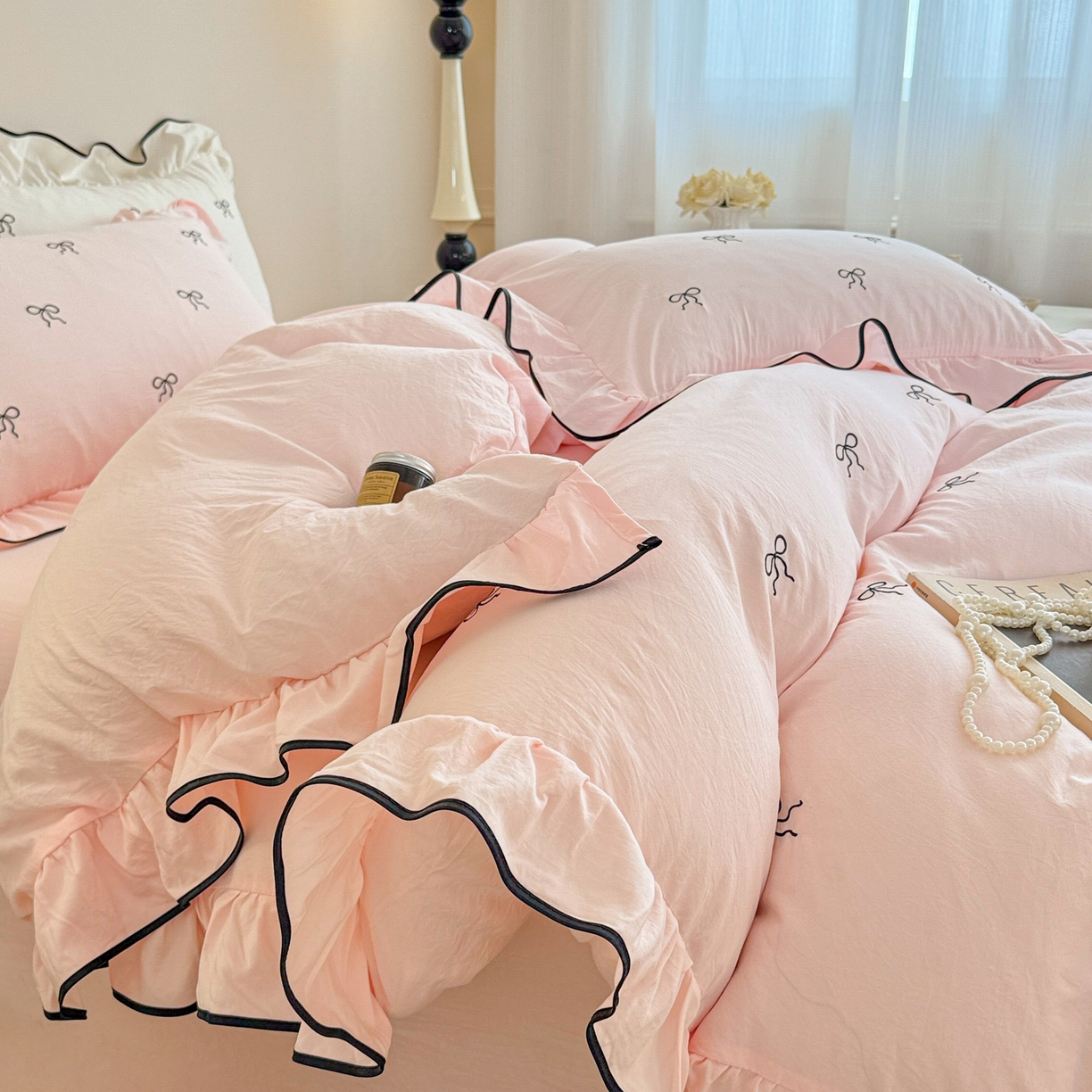 91家纺网 家纺一手货源 找家纺 米可 2025新款云朵棉刺绣花边款四件套 心动-粉