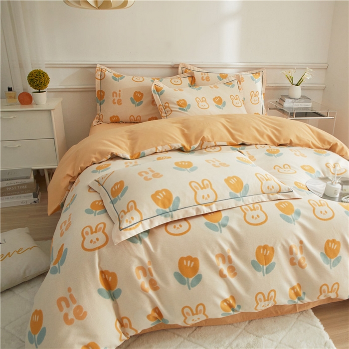 91家纺网 家纺一手货源 找家纺 沐白家居 2025新款全棉生态磨毛四件套童心郁兔-桔