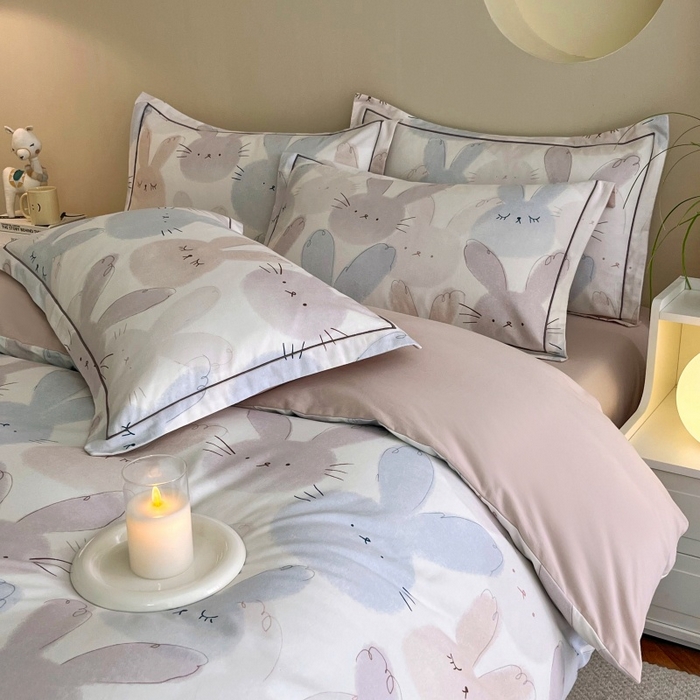 91家纺网 家纺一手货源 找家纺 沐白家居 2025新款全棉生态磨毛四件套萌萌兔-粉