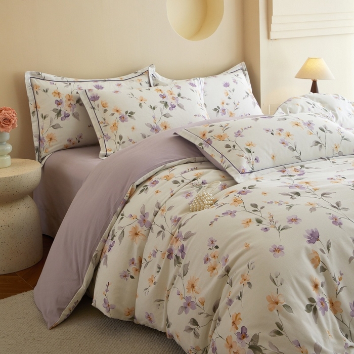 91家纺网 家纺一手货源 找家纺 沐白家居 2025新款全棉生态磨毛四件套花茉里-米白