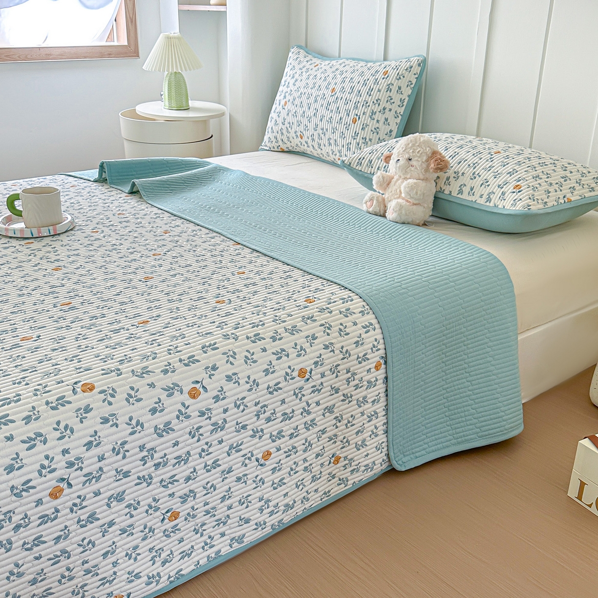 91家纺网 家纺一手货源 找家纺 橘夏家纺 2025新款全棉床盖三件套 盛开