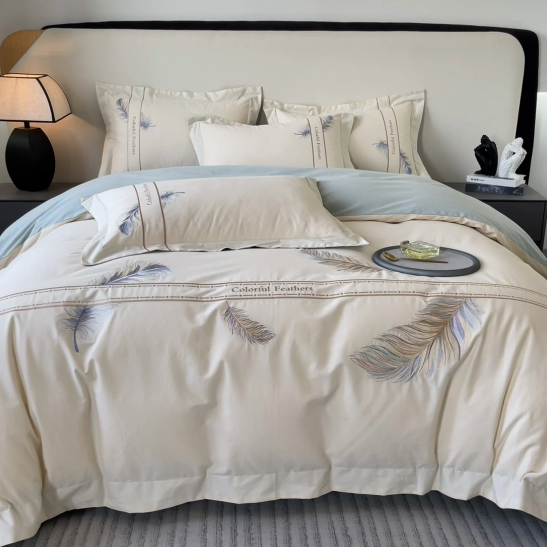 91家纺网 家纺一手货源 找家纺 桃园 2025新款纯棉全棉长绒棉磨毛四件套不掉毛-羽翼 （高端礼盒） 羽翼-白兰