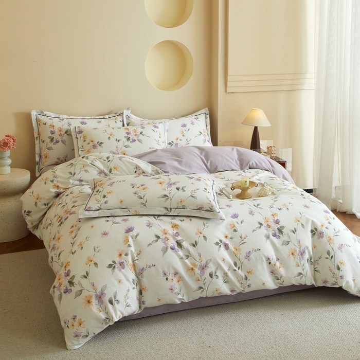 91家纺网 家纺一手货源 找家纺 沐白家居 2025新款全棉生态磨毛四件套花茉里-米白