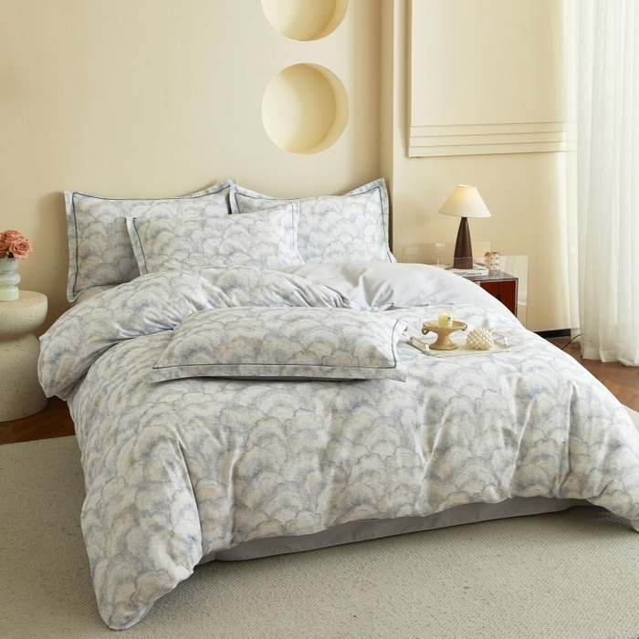 91家纺网 家纺一手货源 找家纺 沐白家居 2025新款全棉生态磨毛四件套雾林-浅灰