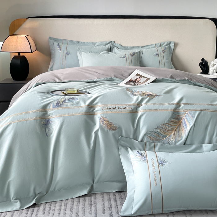 91家纺网 家纺一手货源 找家纺 桃园 2025新款纯棉全棉长绒棉磨毛四件套不掉毛-羽翼 （高端礼盒） 羽翼-飘蓝