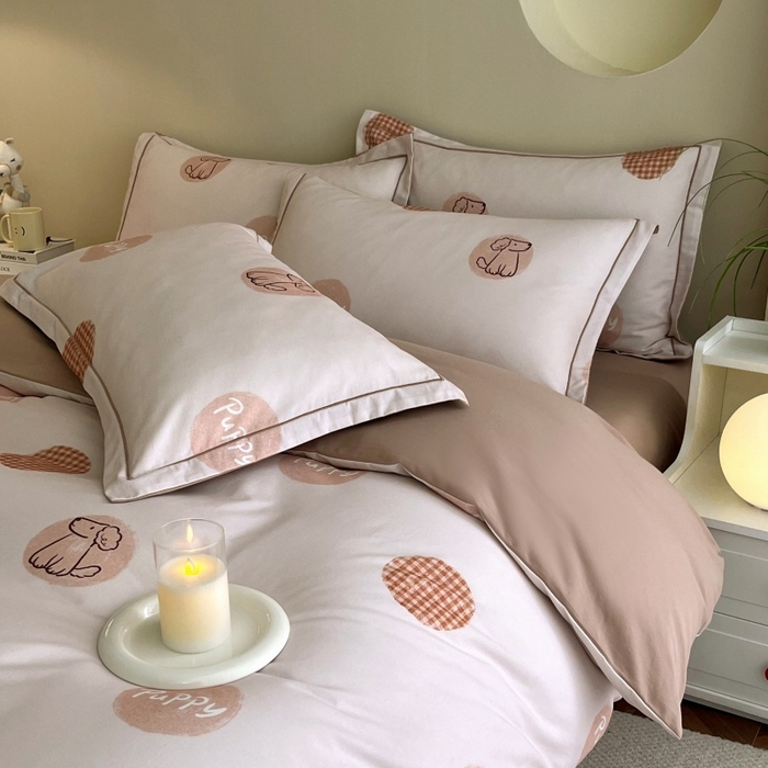 91家纺网 家纺一手货源 找家纺 沐白家居 2025新款全棉生态磨毛四件套小狗puppy