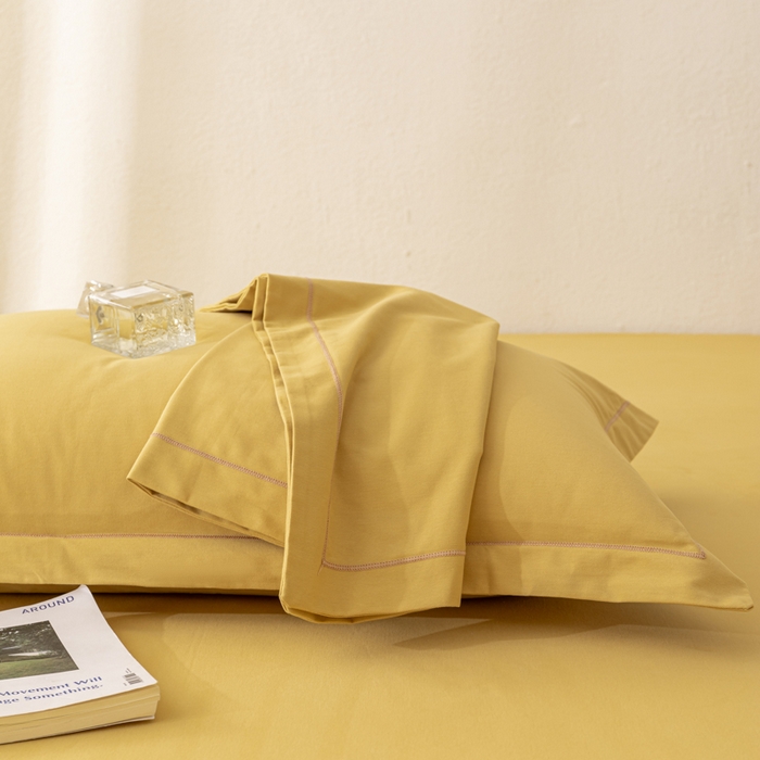 91家纺网 家纺一手货源 找家纺 2025新款A类100%全棉纯色加厚磨毛枕套+床单单件/简约组合 磨毛-暖姜黄