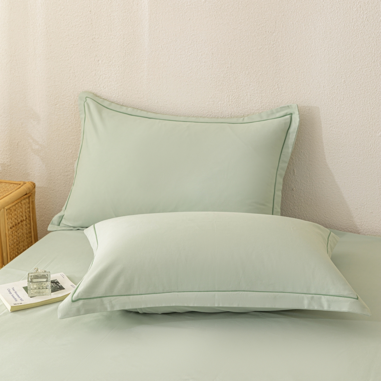 91家纺网 家纺一手货源 找家纺 百寐 2025新款A类100%全棉纯色加厚磨毛加大50*80枕套40*60/48*74枕芯保护套 磨毛-薄荷绿