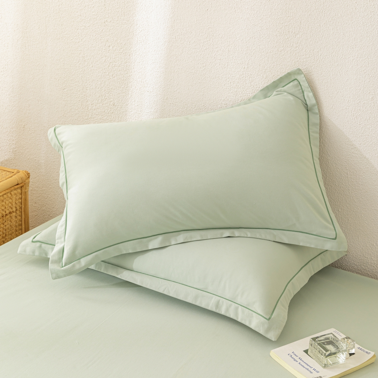 91家纺网 家纺一手货源 找家纺 百寐 2025新款A类100%全棉纯色加厚磨毛加大50*80枕套40*60/48*74枕芯保护套 磨毛-薄荷绿