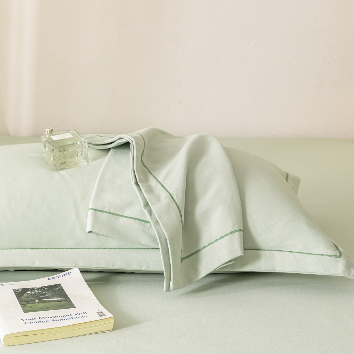 91家纺网 家纺一手货源 找家纺 百寐 2025新款A类100%全棉纯色加厚磨毛加大50*80枕套40*60/48*74枕芯保护套 磨毛-薄荷绿