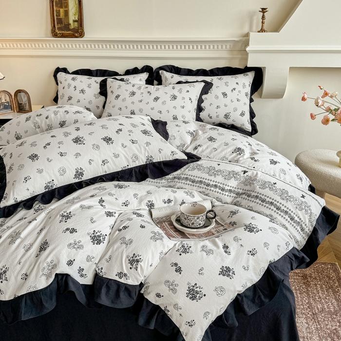 91家纺网 家纺一手货源 找家纺 芷凡家纺 2025新款水洗棉双层纱赫本风四件套-风格二 爱翩翩