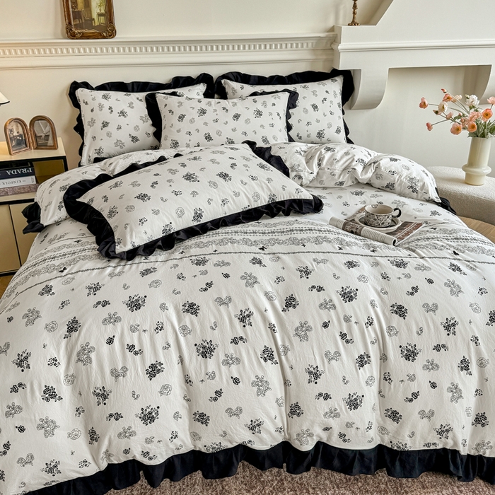 91家纺网 家纺一手货源 找家纺 芷凡家纺 2025新款水洗棉双层纱赫本风四件套-风格二 爱翩翩