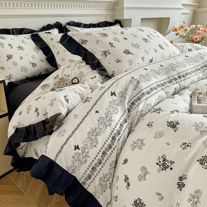 91家纺网 家纺一手货源 找家纺 芷凡家纺 2025新款水洗棉双层纱赫本风四件套-风格二 爱翩翩