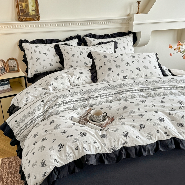 91家纺网 家纺一手货源 找家纺 芷凡家纺 2025新款水洗棉双层纱赫本风四件套-风格二 爱翩翩