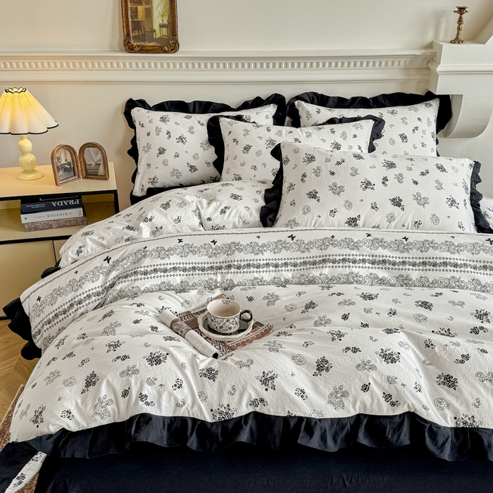 91家纺网 家纺一手货源 找家纺 芷凡家纺 2025新款水洗棉双层纱赫本风四件套-风格二 爱翩翩