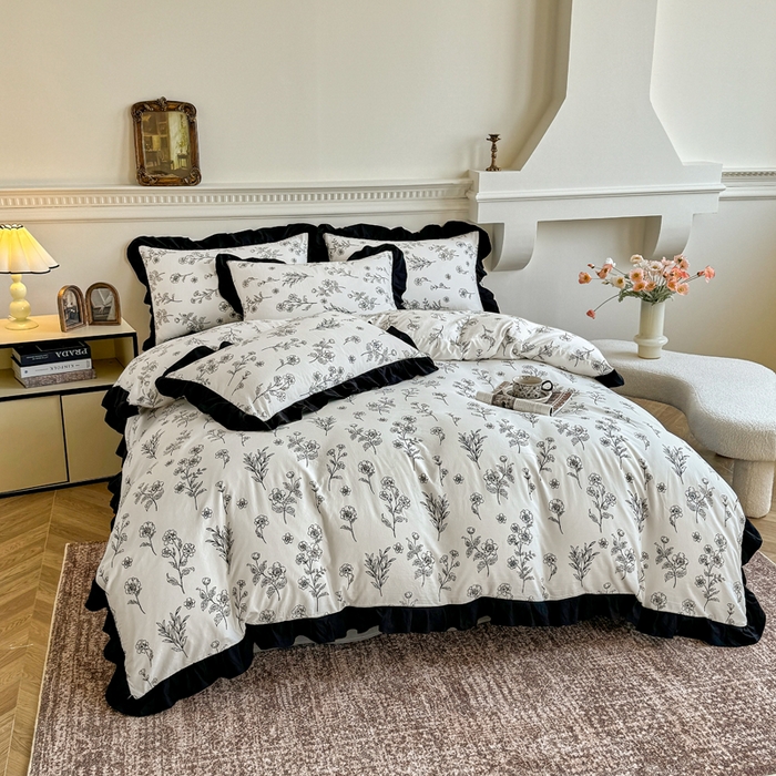 91家纺网 家纺一手货源 找家纺 芷凡家纺 2025新款水洗棉双层纱赫本风四件套-风格二 爱枝蔓