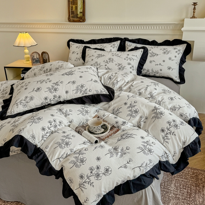 91家纺网 家纺一手货源 找家纺 芷凡家纺 2025新款水洗棉双层纱赫本风四件套-风格二 爱枝蔓