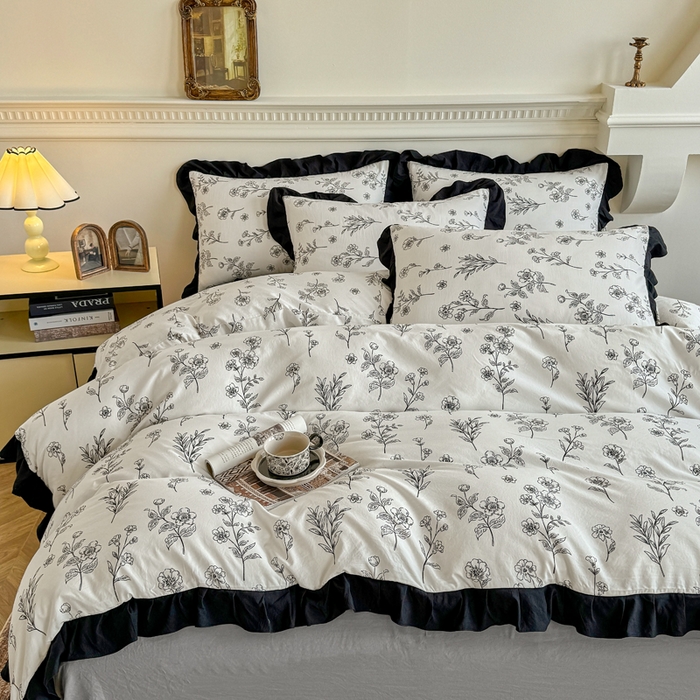 91家纺网 家纺一手货源 找家纺 芷凡家纺 2025新款水洗棉双层纱赫本风四件套-风格二 爱枝蔓